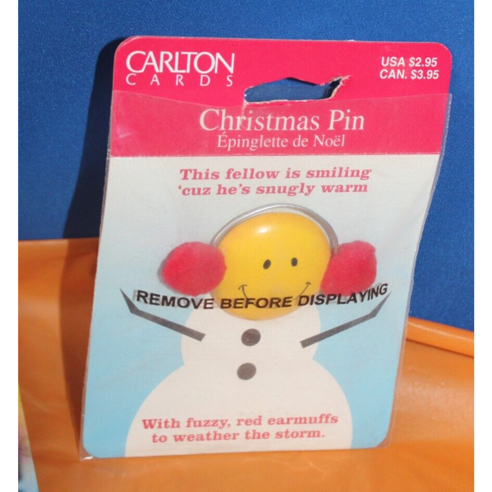 Carlton Cards Amer Greetings Christmas Pin Smile Face With Fuzzy Red Earmuffs